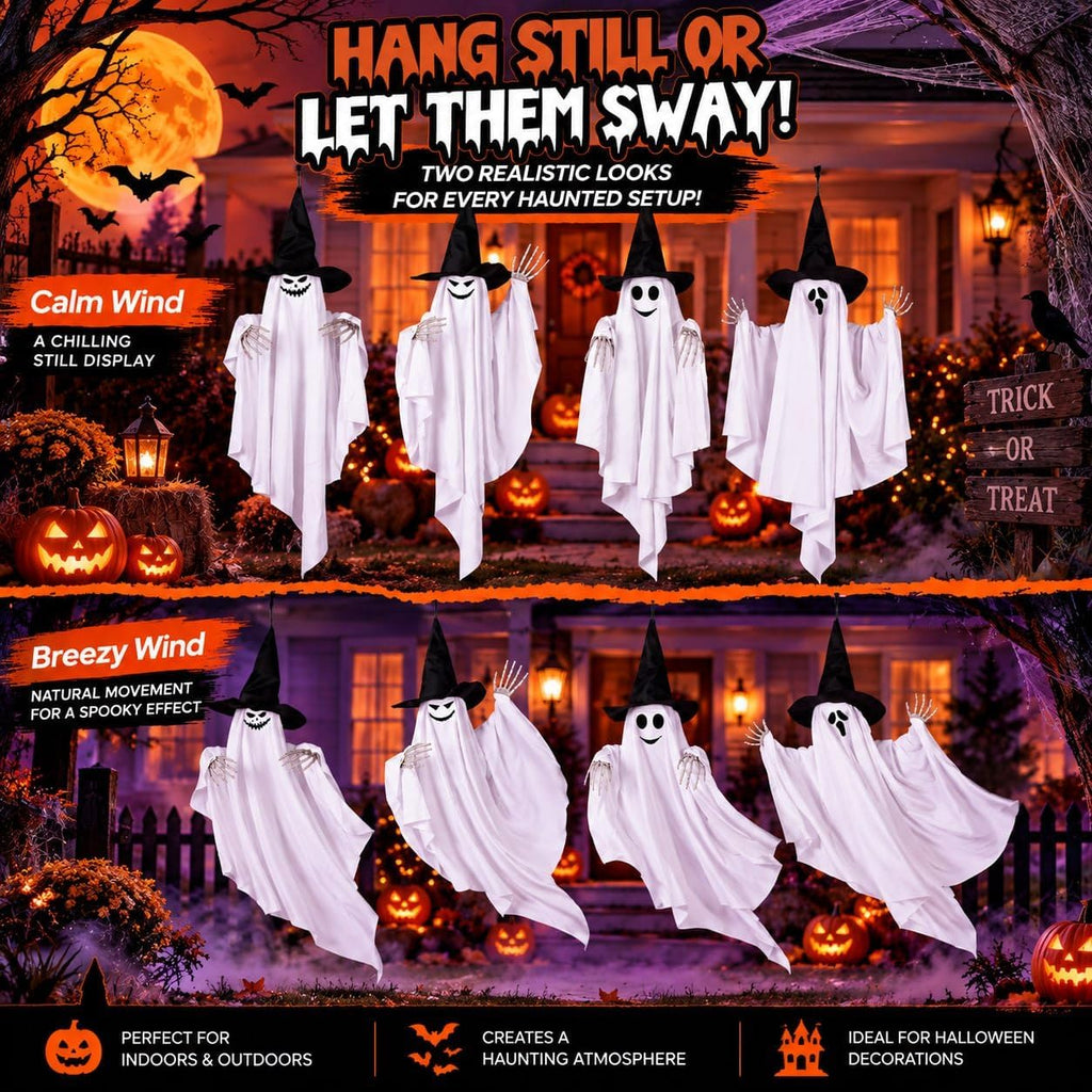 4 Pack 32 Inch Hanging Ghosts Halloween Decor, Ghost Decorations with Witch Hats & Skeleton Hands, Floating Ghost Halloween Decorations for Outside, Front Porch, Yard, Patio & Indoor Decor