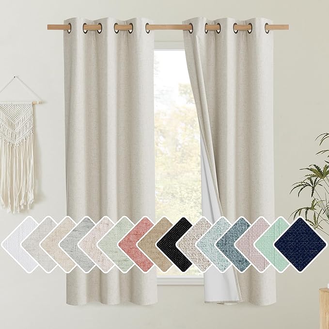 NICETOWN Natural Thick Linen Blend 100% Blackout Curtains 60" Long 2 Panels Set by NICETOWN