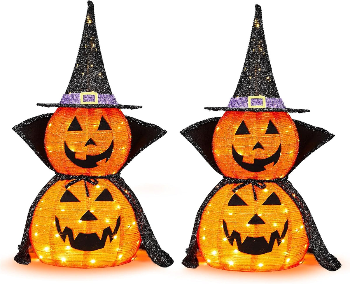 Outvita 2PC Halloween Collapsible Pumpkin Decoration, 150 LED Pop-Up Pumpkin Lamp with Star Cap, 3FT Plug in Halloween Lantern with Metal Stand for Indoor Outdoor Garden Patio Party Decor
