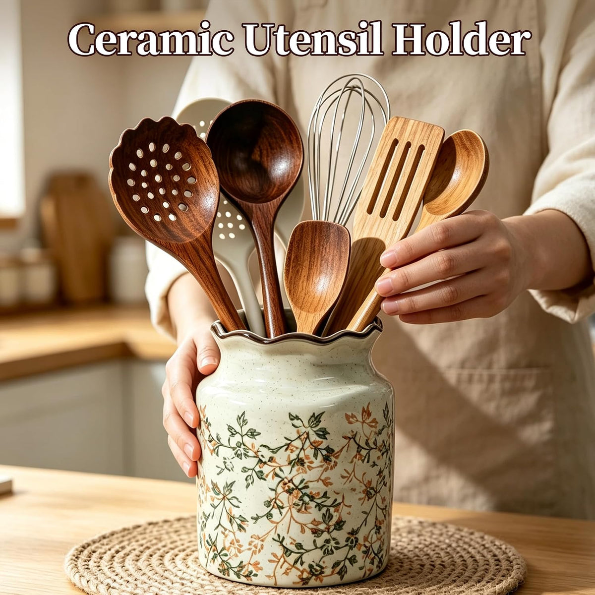 Ceramic Utensil Holder For Kitchen Counter (Vine)