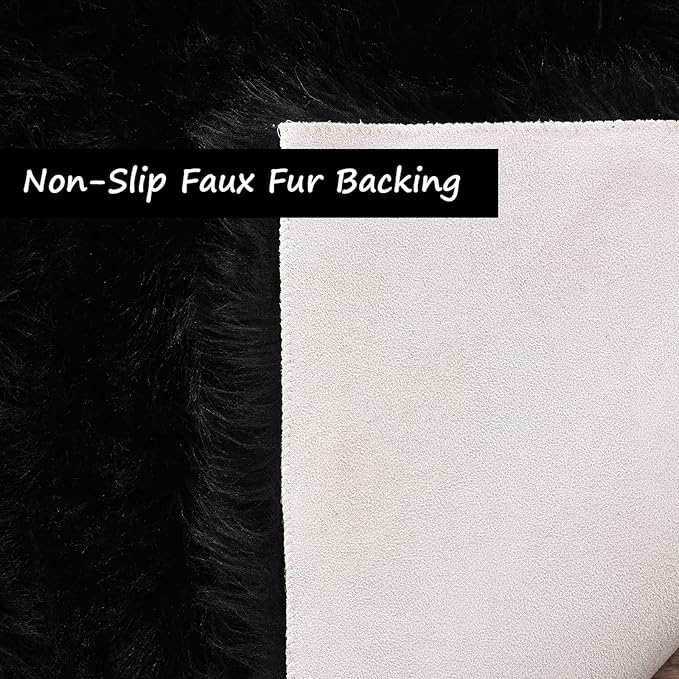 Goolela Black Round Rug 5ft Fluffy Fuzzy Sheepskin Carpet - Image 4