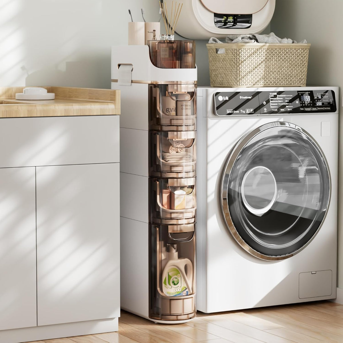 VECELO 4-Tier Slim Bathroom Storage Cabinet with Wheels, Skinny Bathroom Storage Cabinet with Drawers, Toilet Paper Holder, Movable Narrow Floor Cabinet for Small Space, Bathroom