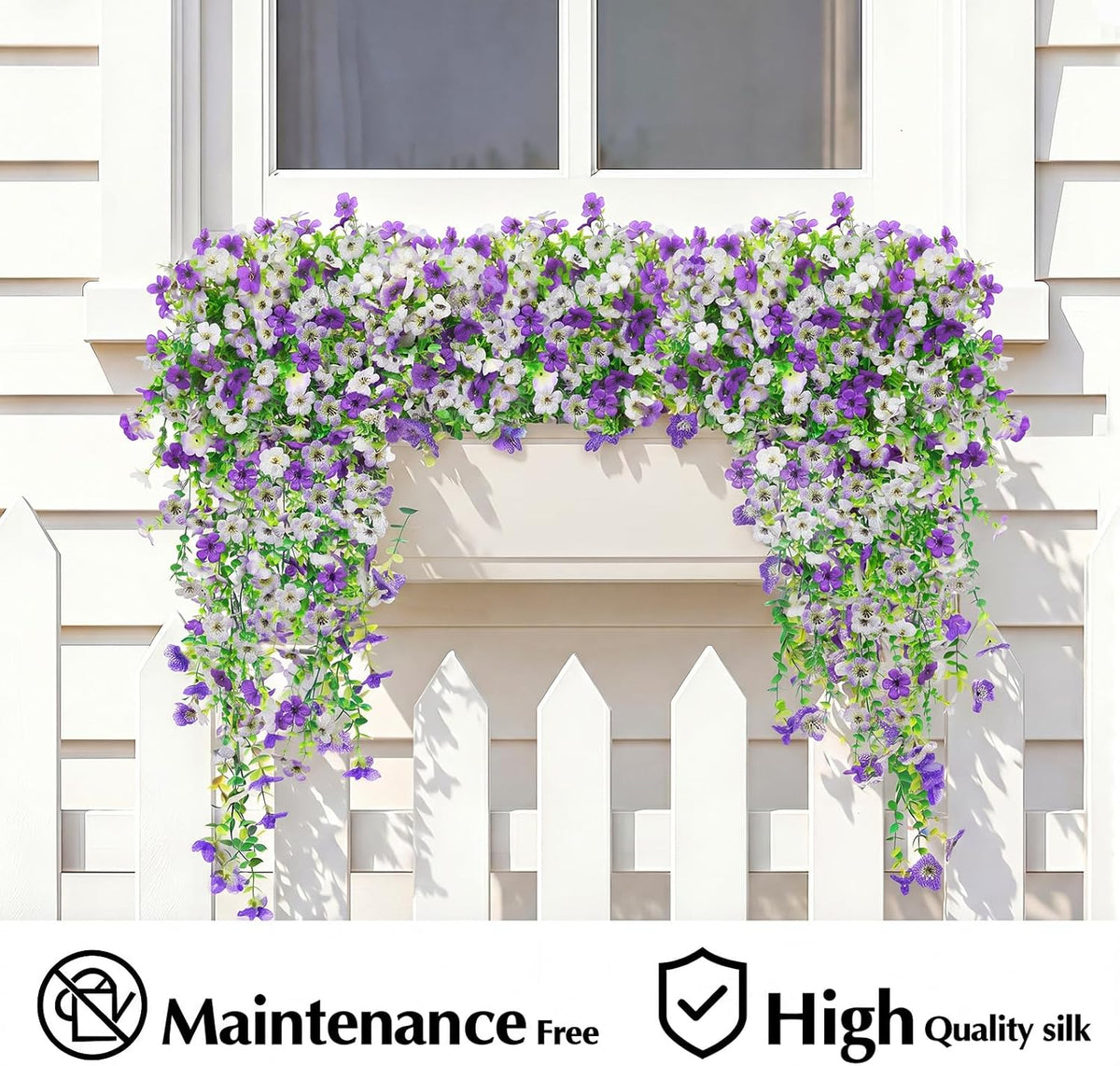 Artificial Flowers for Outdoors,8PCS Hanging Outdoor Faux Plants,UV Resistant Fake Flowers for Outdoor Planters,Realistic Fake Plants Spring Decor for Porch,Patio,Yard (PurpleWhite)