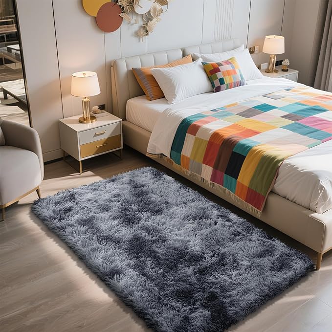 Shag Area Rug for Bedroom 3x5, Tie-Dyed Black Fluffy Area Rugs for Living Room by yulidayang