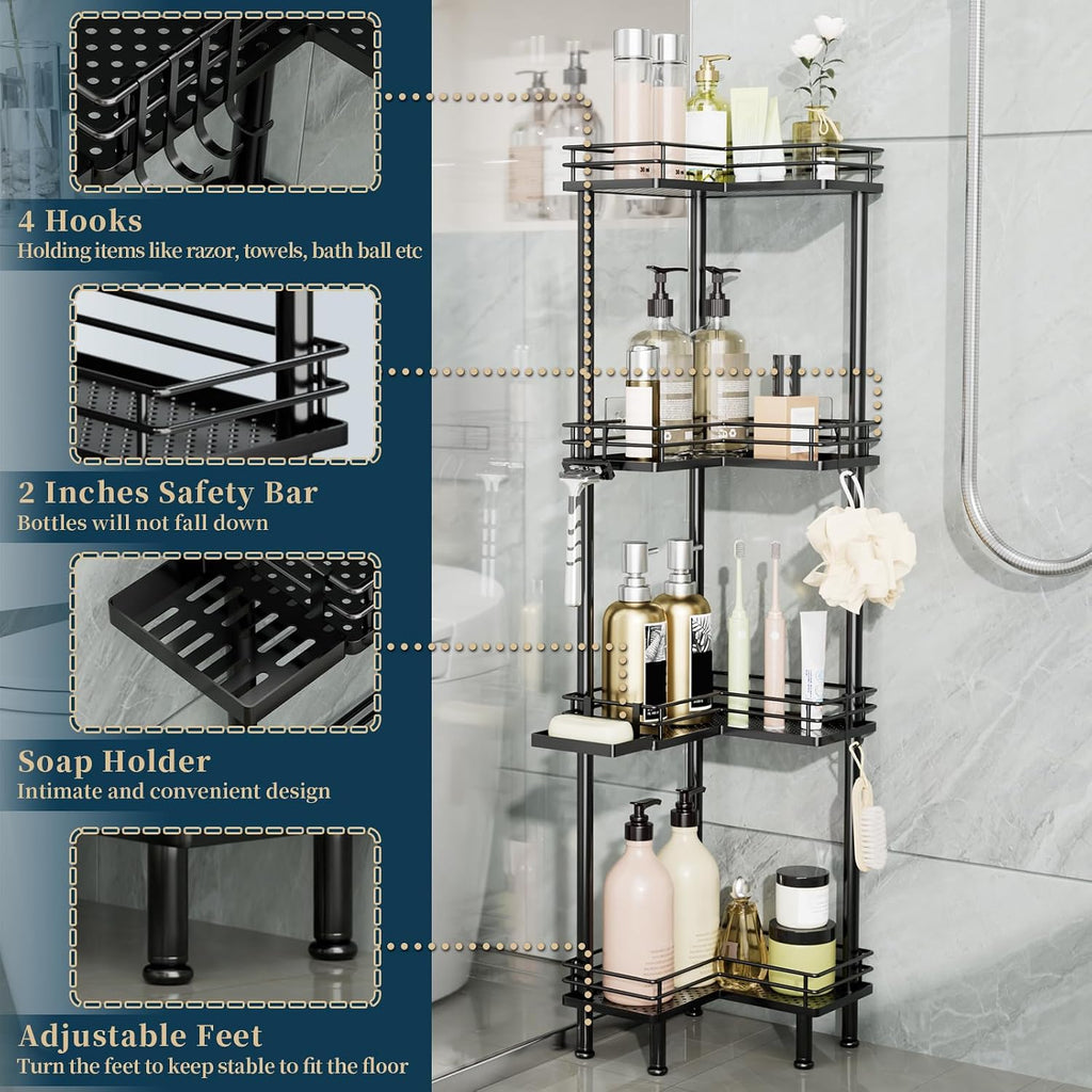 Corner Shower Caddy Standing - 4-Tier Stainless Steel Shower Organizer with Soap Holder and 4 Hooks, Large Capacity Corner Shelf Stand for Bathroom, Rest Room, Black