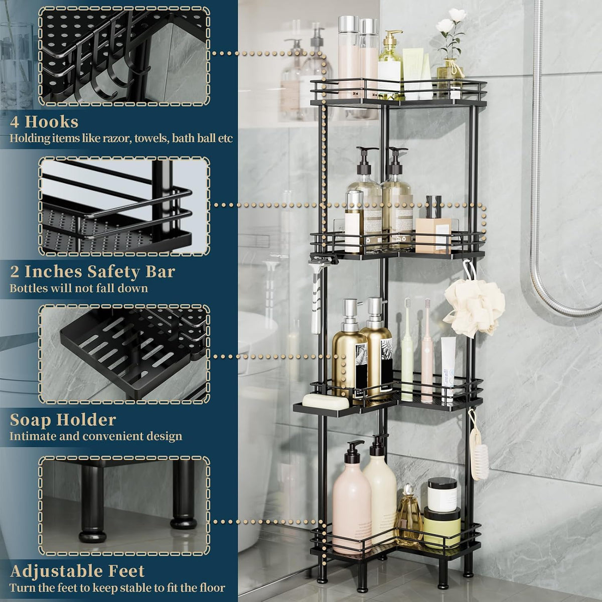 Corner Shower Caddy Standing - 4-Tier Stainless Steel Shower Organizer with Soap Holder and 4 Hooks, Large Capacity Corner Shelf Stand for Bathroom, Rest Room, Black