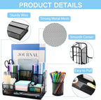 Desk Organizers Caddy and Accessories with 7 Compartments + Pen Holder / 72 Clips Set, Drawer, Black Mesh Office Supplies Desktop Organizer for Home, Office Ect