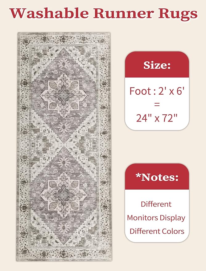 SERISSA Boho Washable Runner Rug, 2x6 Rug Non-Slip Vintage Earth Tone Hallway - Image 2