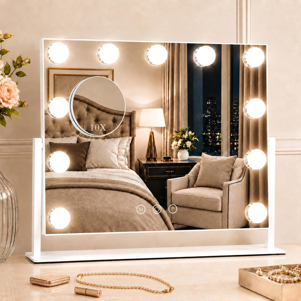 ROLOVE 16 x 12.9 in Hollywood Vanity Mirror with Lights, Tabletop Lighted Makeup Mirror, 11 Dimmable LED Bulbs, 3 Color Lights, Detachable 10X Magnifying Mirror, White, for Desk, Bedroom & Dorm