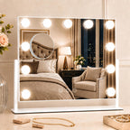 ROLOVE 16 x 12.9 in Hollywood Vanity Mirror with Lights, Tabletop Lighted Makeup Mirror, 11 Dimmable LED Bulbs, 3 Color Lights, Detachable 10X Magnifying Mirror, White, for Desk, Bedroom & Dorm