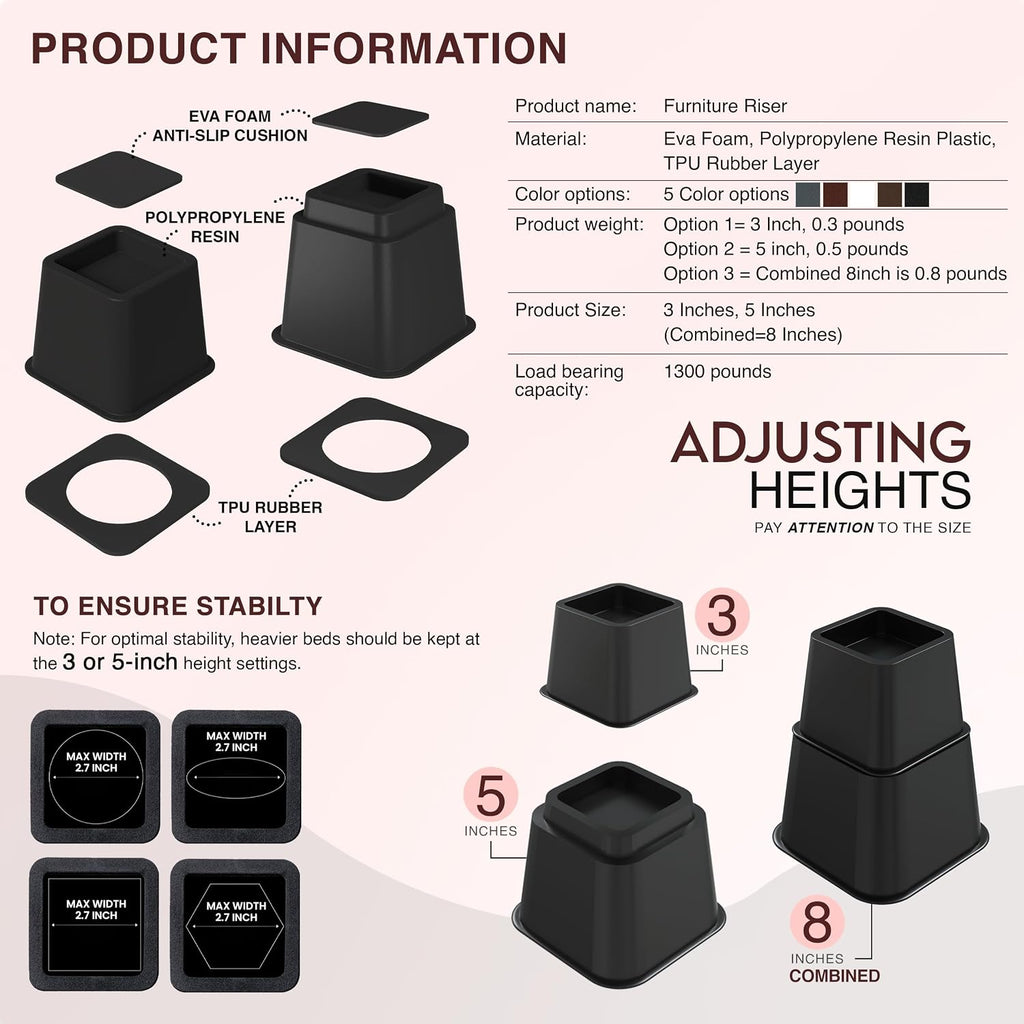 Utopia Bedding Heavy Duty Bed Risers, 3, 5, 8 Inch, Pack of 4, Black