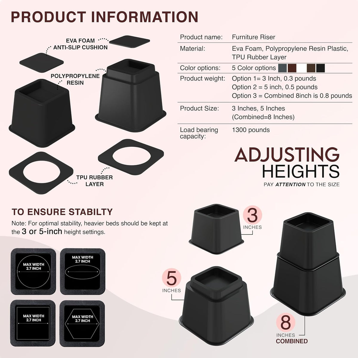Utopia Bedding Heavy Duty Bed Risers, 3, 5, 8 Inch, Pack of 4, Black
