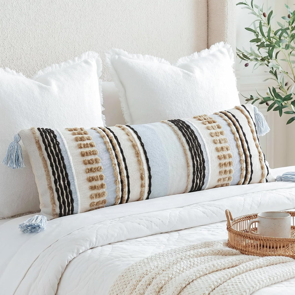 NUYECY Chenille and Cotton Long Pillow for Bed, Striped Textured Boho Lumbar Throw Pillow Cover 14x36, Neutral Accent Decorative Extra Long Body Pillow Case for Couch, Sofa, Bedroom, Khaki