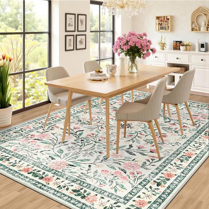 Area Rug Living Room Rugs: Floral 5x7 Washable Rug Vintage Soft Boho Non-Slip - Image 4