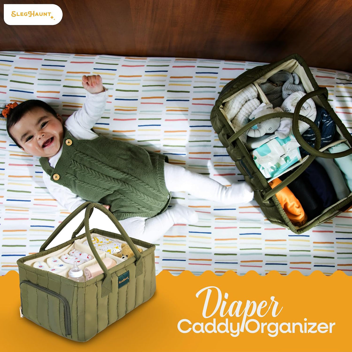 Large Diaper Caddy Organizer with Handle Neutral Boy Girl – Baby Basket for Nursery, Car, Changing Table – Portable Baby Storage with Compartments – Perfect for New Parents and Baby Shower Gifts