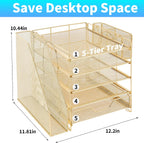 5-Tier Desk File Organizer with Drawer & Pen Holder (Gold)