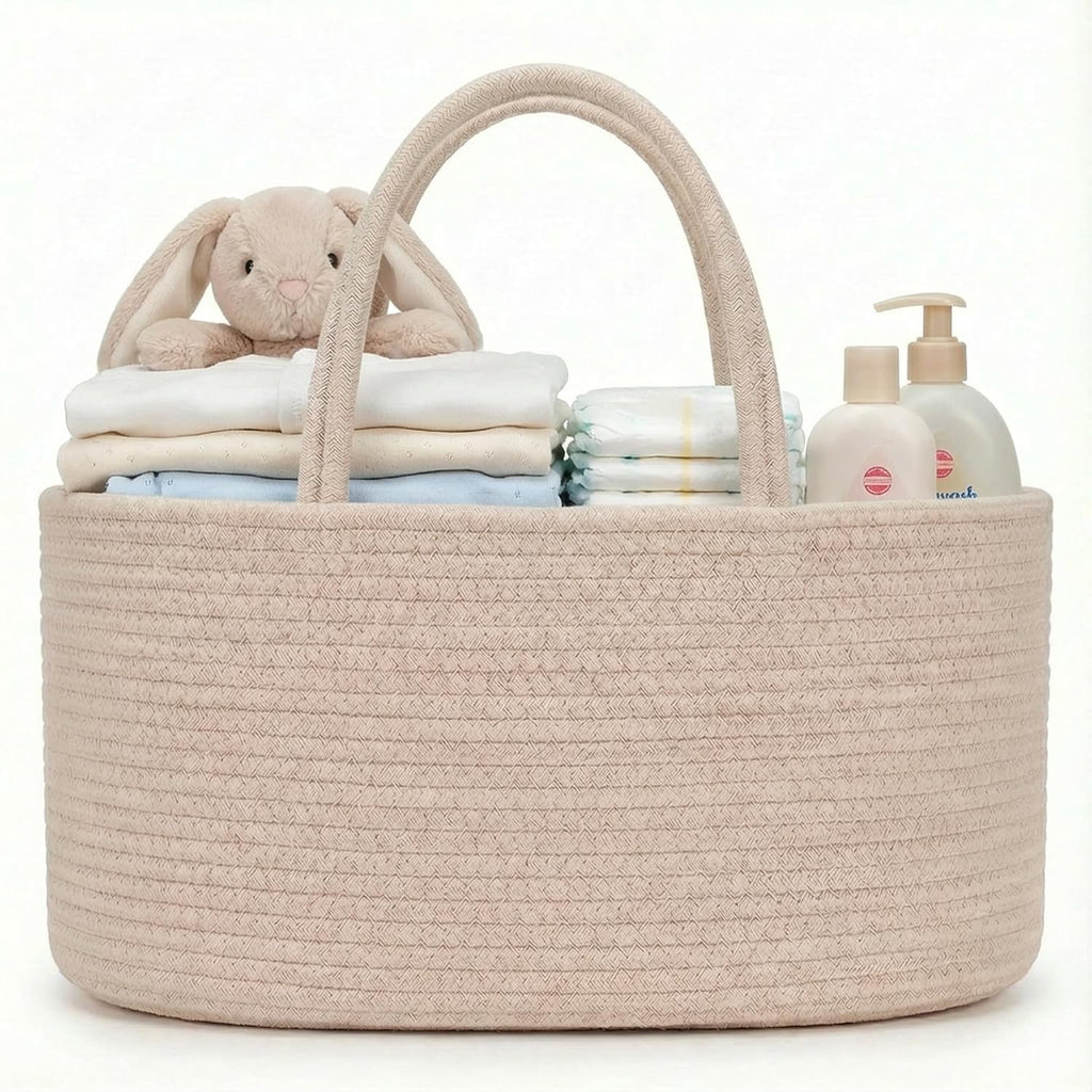 Diaper Caddy Organizer, Large Cotton Rope Nursery Baby Basket, Changing Table Organizer for Baby Diaper Storage, Portable Car Organizer Removable Divider (Oatmeal, Extra Large)