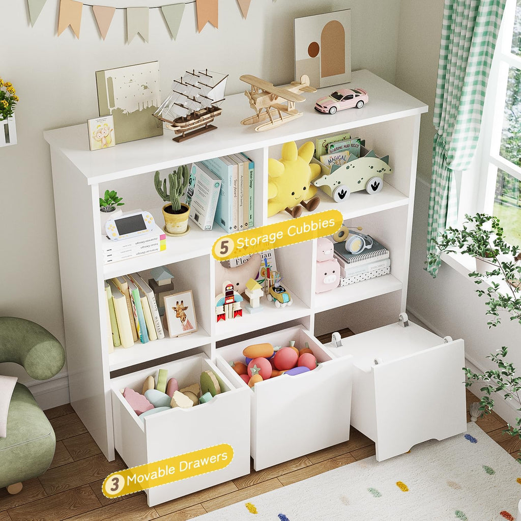 Teckid 2-in-1 Toy Storage Organizer with 5 Cubbies, Bookshelf & 3 Drawers