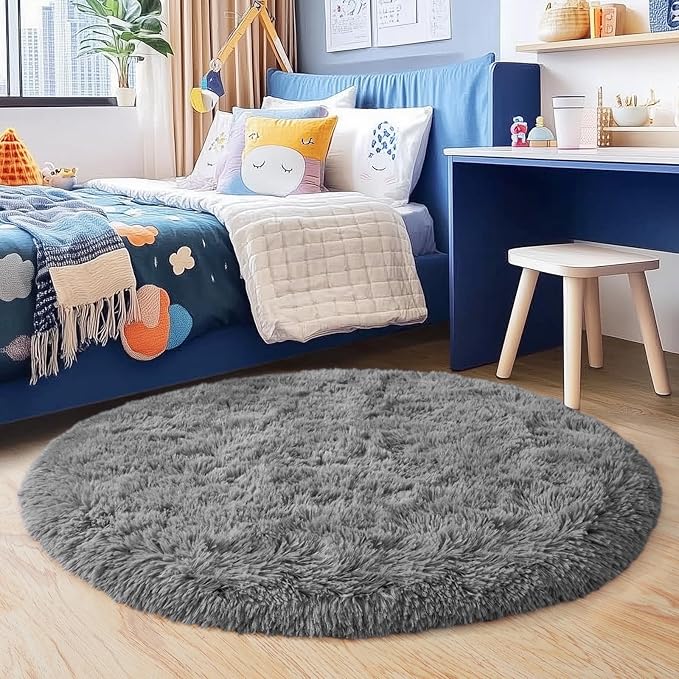 3'x3' Grey Round Rug for Bedroom, Ultra Soft Fluffy Circle Rug for Kids Girls by Quntue