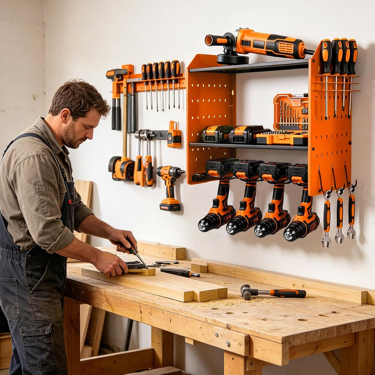 4-Tier Power Tool Organizer,Tool Storage Rack with 4 Drill Holders, Cordless Tool Organizer,Heavy Duty Power Tool Shelf for Garage,Warehouse,Workshop, Gift for Men,Husband