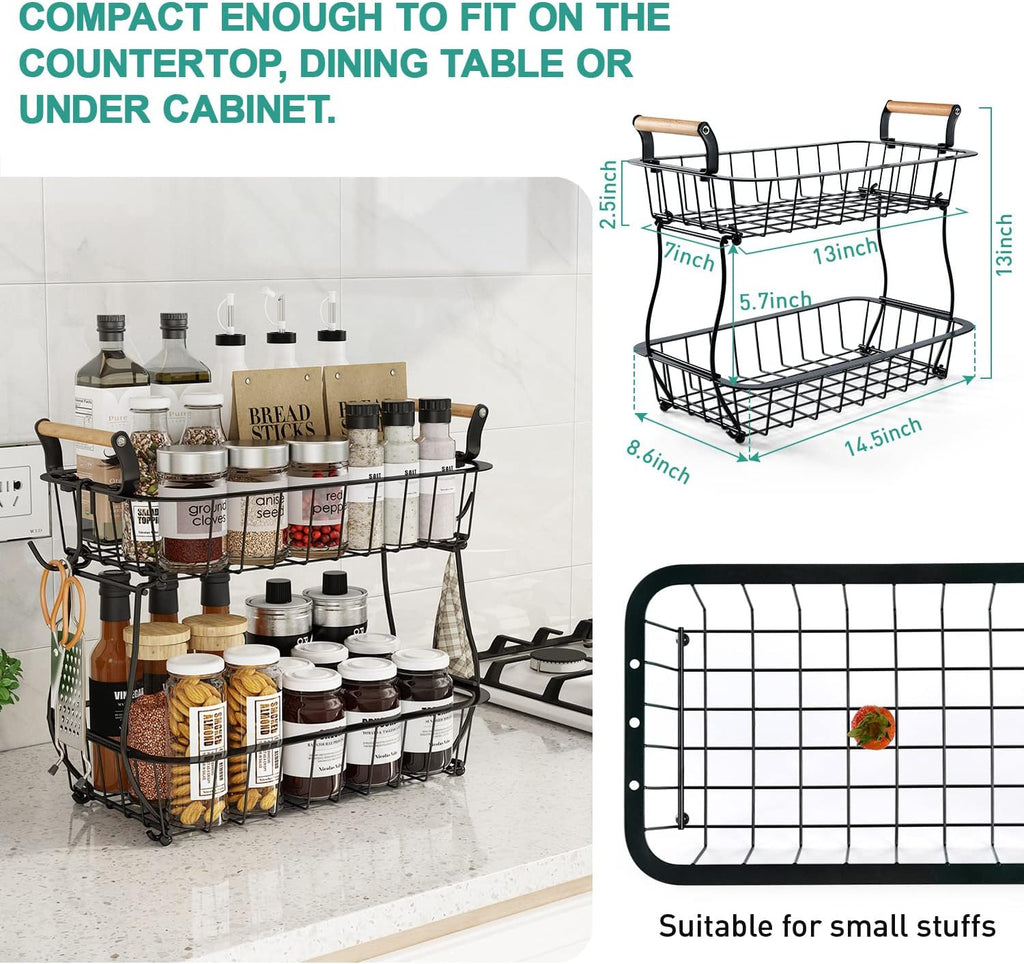 ANTOPY 2 Tier Fruit Basket with 2 Banana Hangers, Countertop Fruit Vegetable Basket Bowl for Kitchen Counter Metal Wire Fruits Storage Stand Holder Organizer for Bread Snack Veggies Produce