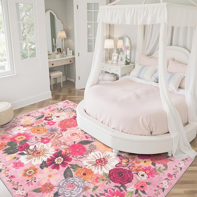 Pink Floral Girls Room Rug 5x7, Non-Slip Washable Rugs - Image 2