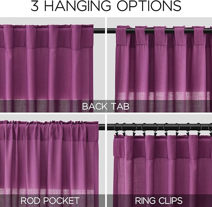 Nanspring Grape Purple Linen Curtains 96 Inch Long 2 Panels Set - Image 2