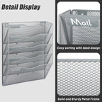 5 Pocket Mesh Hanging Wall File Organizer, Wall Mounted Mail Paper Document Folder Holder, Clipboard Storage Organization Magazine Rack with Nametag Label for Office Home School, Gray