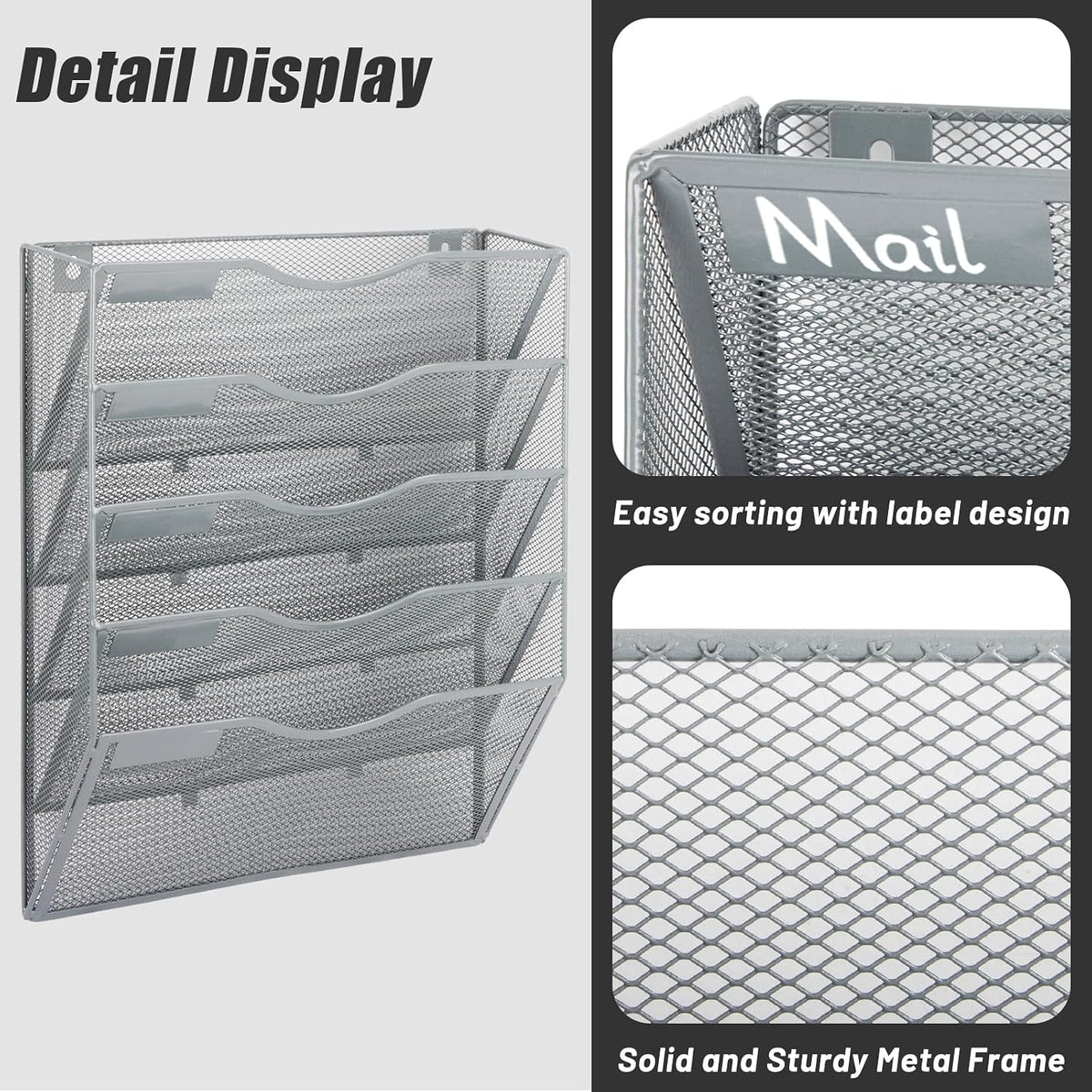 5 Pocket Mesh Hanging Wall File Organizer, Wall Mounted Mail Paper Document Folder Holder, Clipboard Storage Organization Magazine Rack with Nametag Label for Office Home School, Gray