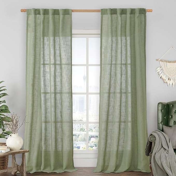 LAMIT Sage Green Linen Boho Curtains, 84 inch Length, 2 Panels, Light Filtering by LAMIT