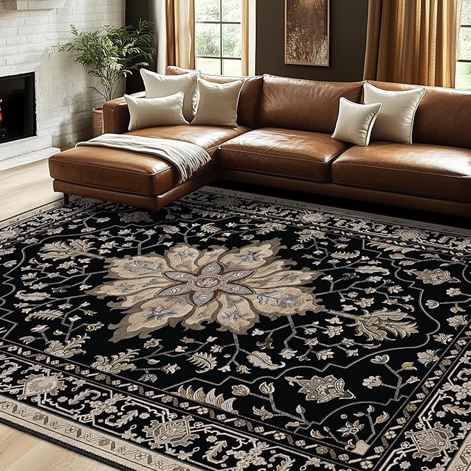 Area Rugs 7'x9' Washable Non-Slip, Floral Vintage Distress Print Pattern - Image 3