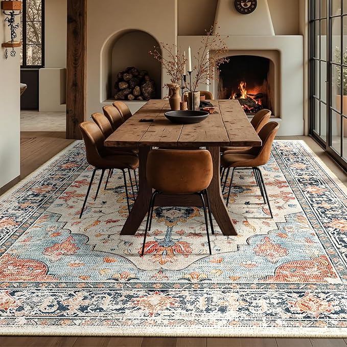 Area Rugs 10'x14' Washable Non-Slip, Floral Vintage Distress Print Pattern - Image 4