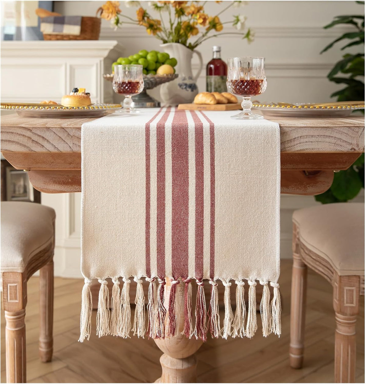 Boho Table Runner for Modern Farmhouse Decor, Dining Table décor 13 x 90 Inch Long, Coffee Table Runner with Handcrafted Tassels, Black and Beige, for Home Bohemian Decoration