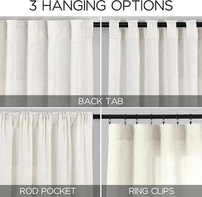 Beige White Linen Curtains 90 Inch Long 2 Panels Set - Image 2
