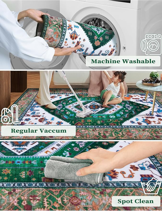 SERISSA Runner Rug for Hallways, Long Boho Rug Vintage Green White Hallway - Image 3
