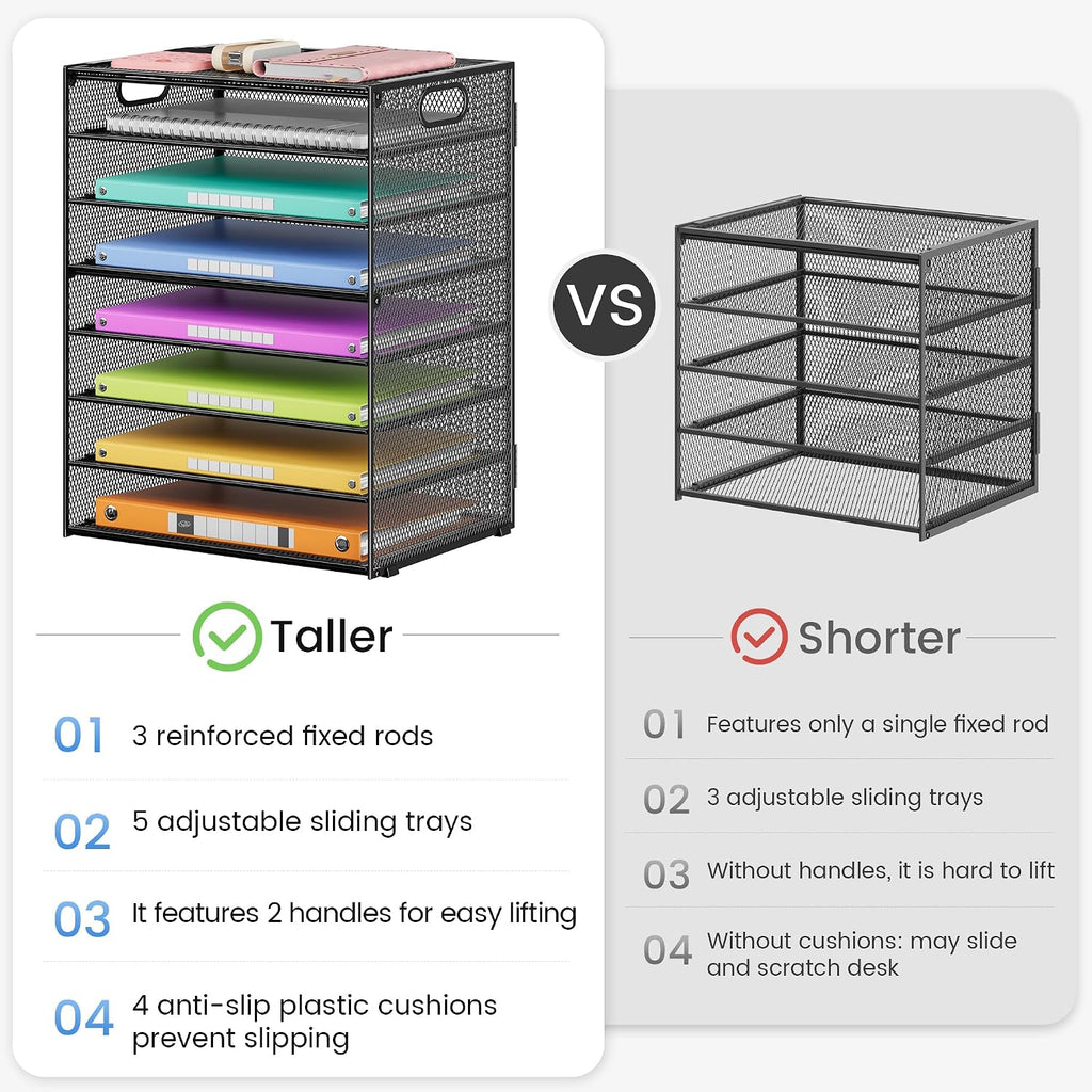 8 Tier Paper Organizer for Desk, Black Mesh Letter Tray File Sorter Organizers with Handles, Including 5 Adjustable Slid Trays for Office School Classroom Supplies Organization and Storage