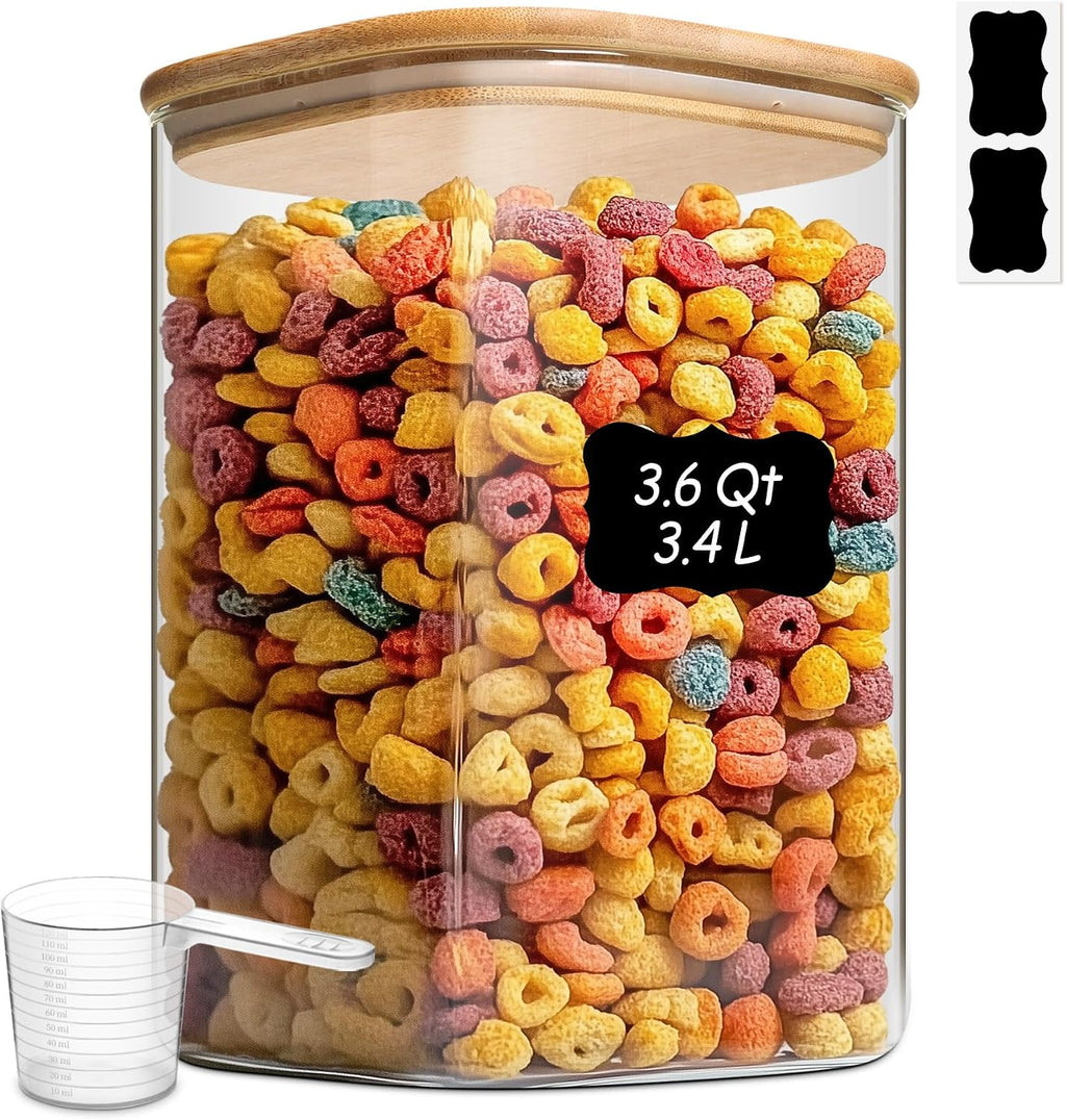 ComSaf Glass Storage Jars with Bamboo Lids 3.6 Qt Large Pantry Square