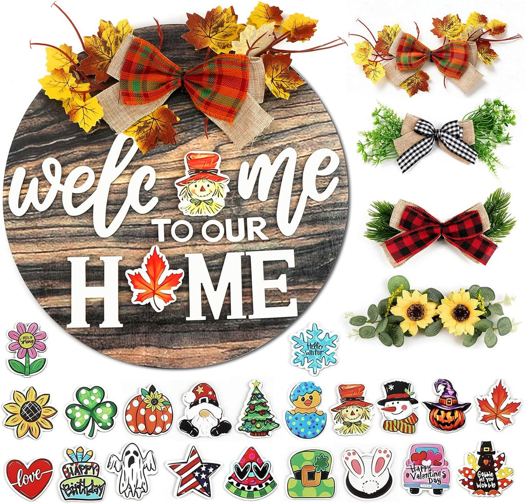Interchangeable Welcome Sign Front Door with 4 Seasonal Wreaths & 21 Icons