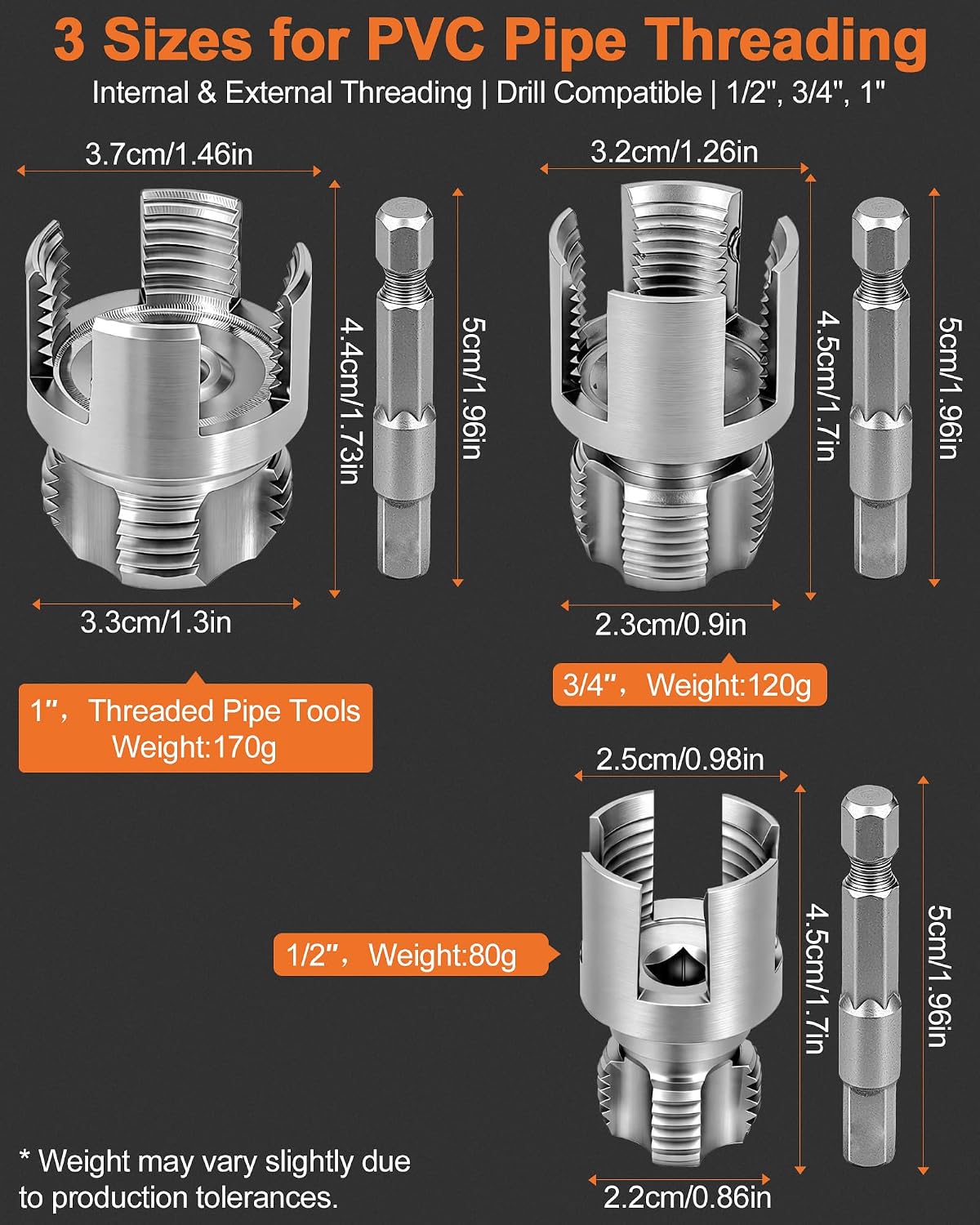 3PCS Carbon Steel Internal & External Pipe Threading Tool Set, 1/2", 3/4", 1" PVC Pipe Threader Kit with Gloves & Tape, Drill-Compatible for Smooth Threading, Plumbing Projects and Home Repairs