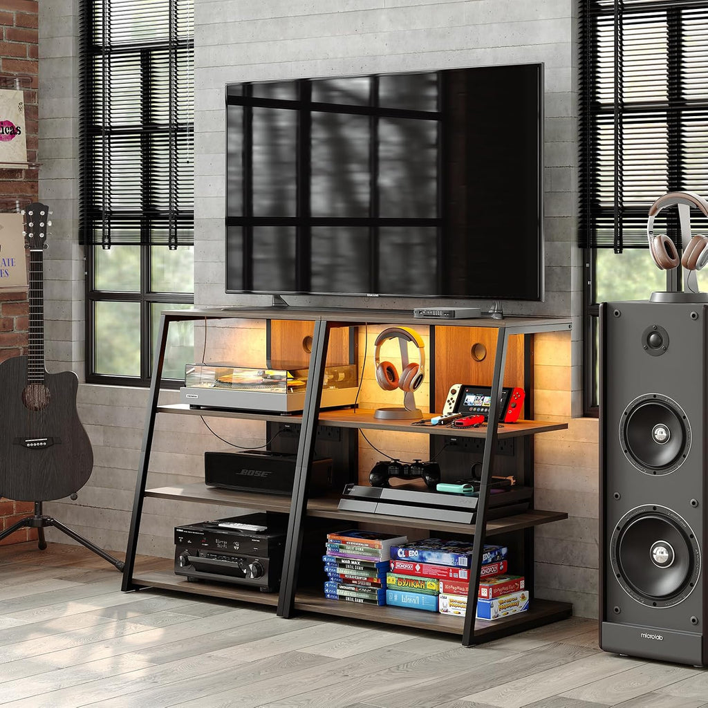 4-Tier AV Media Stand with Charge Station, Corner TV Stand with LED Lights, Rack Audio Tower, Corner Entertainment Center, Stereo Cabinet for/Apple TV/Xbox One/ps4 (Walnut)
