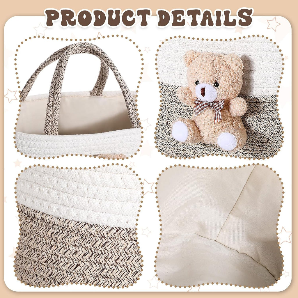 FoldTier Diaper Caddy Organizer Teddy Bear Basket for Nursery with Handle Baby Shower Storage Bin Portable Cotton Rope Gift Bag for Changing Table Cart Car Baby Wipes Newborn Essentials(Gray White)