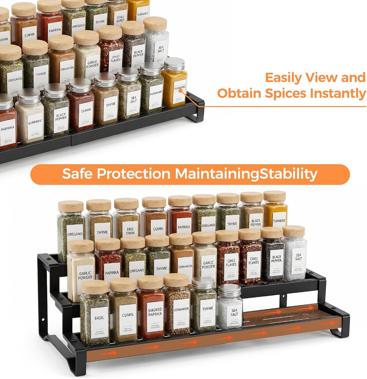 Spice Rack Organizer for Cabinet, 3-Tier Expandable 14.37"–26.02" Seasoning Organizer Shelf – Sturdy Metal Spicy Shelf for Jar & Bottle Storage in Kitchen Cabinet & Pantry, Black