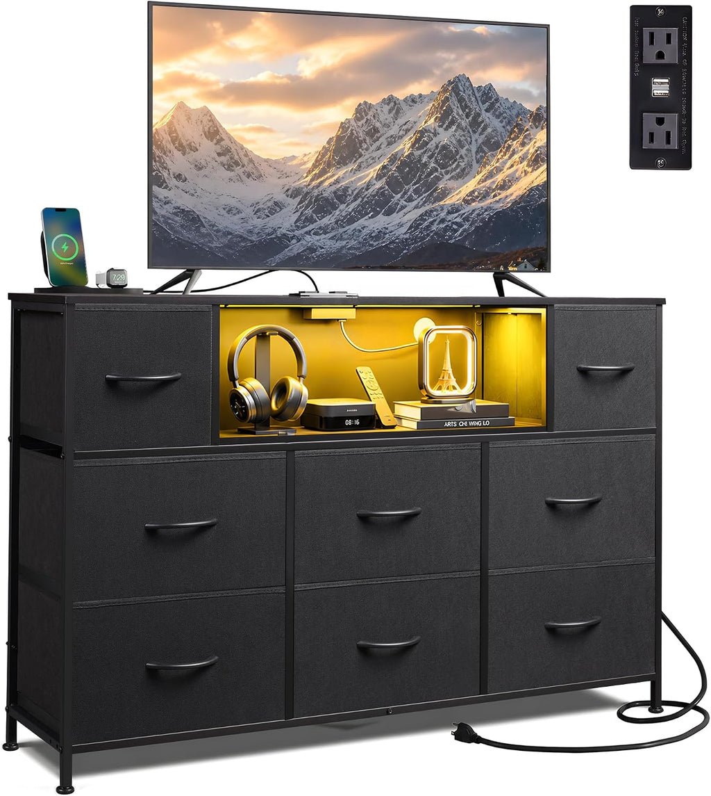 LED TV Stand for 55 Inch TV, 8 Drawers, Black