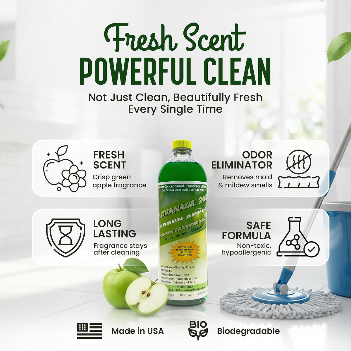 Advanage 20X All Purpose Cleaner Concentrate – The Wonder Cleaner 32 fl oz Green Apple Cleaning Supplies for Bathroom Cleaner, Floor Cleaner, Multipurpose Cleaner | Made in USA Multisurface Cleaner