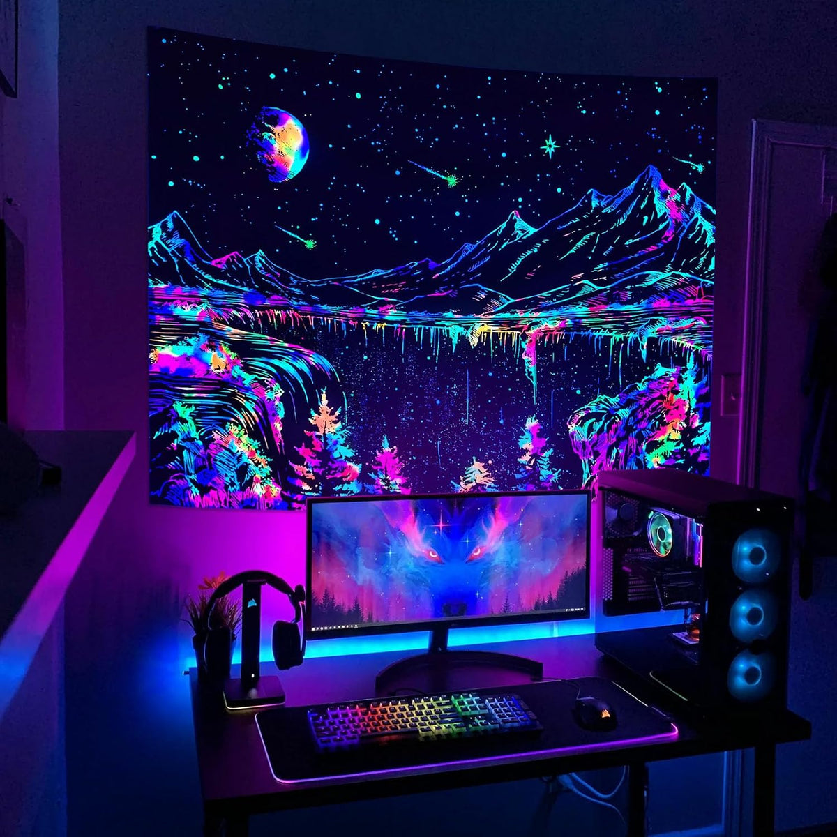 Zussun Blacklight Mountain Tapestry Starry Night Tapestries for Bedroom Aesthetic Moon and Stars Tapastry Wall Hanging Glow in The Dark Nature Forest Wall Tapestry for Living Room Dorm (48'' × 36'')