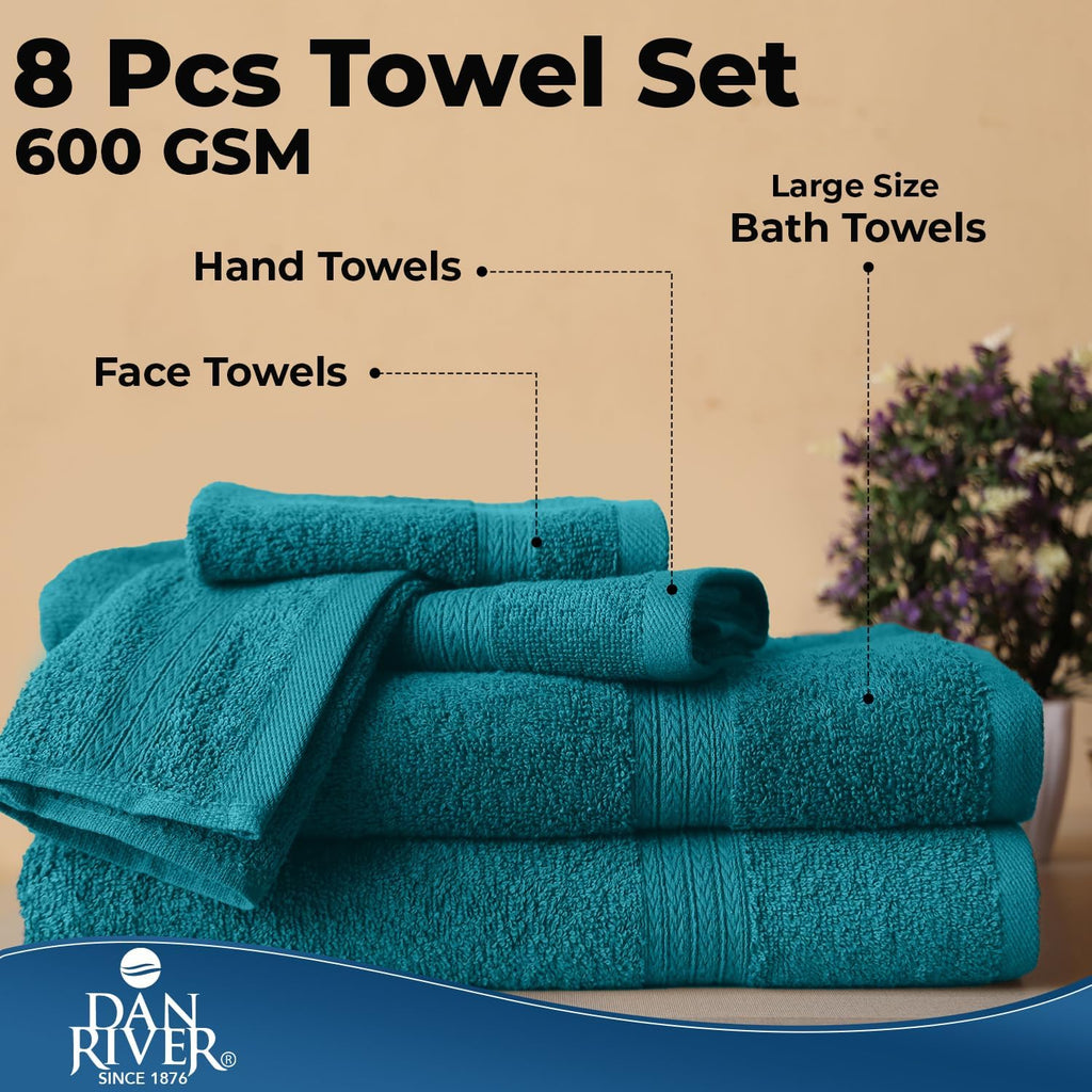 DAN RIVER 8 Piece Luxury Bath Towels for Bathroom, Towel Set, Teal