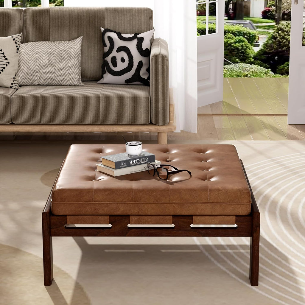 Christopher Knight Home Yorick Modern Square Faux Leather Upholstered Living Room Cocktail Ottoman/Coffee Table, Rubberwood Frame, Tufted Top, Large Sofa Footstool, Multi-Functional, Brown+Walnut