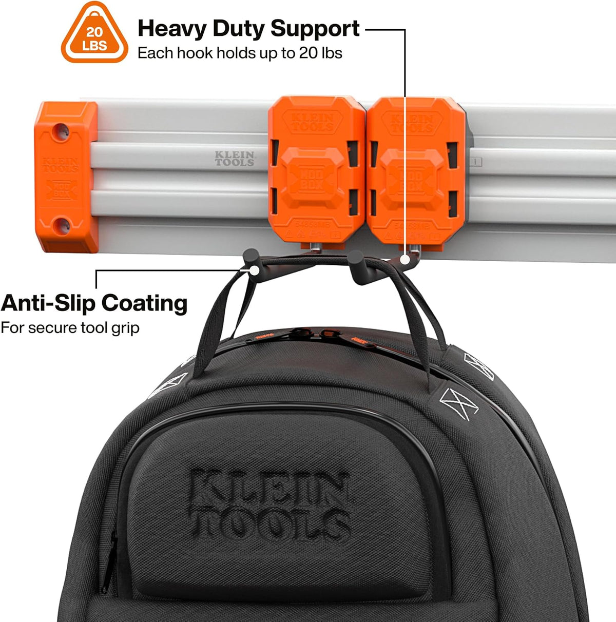 KLEIN TOOLS 54858MB MODbox Long Prong Hook 2-Pack, Modular Wall-Mounted Tool Hangers for Garage, Trailer, and Jobsite Storage, Dual-Use Mounting, Tool-Free MODbox Panel Compatibility