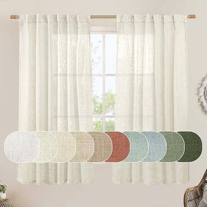 LAMIT Natural Semi Sheer Linen Curtains 60 Inch, Light Filtering Neutral Window by LAMIT