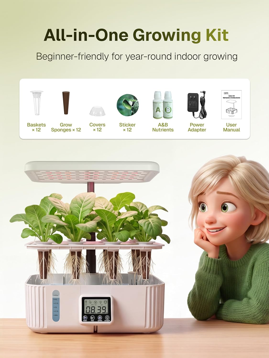 HBN hydroponics Growing System Kit 12 Pods Indoor Garden with Grow Light